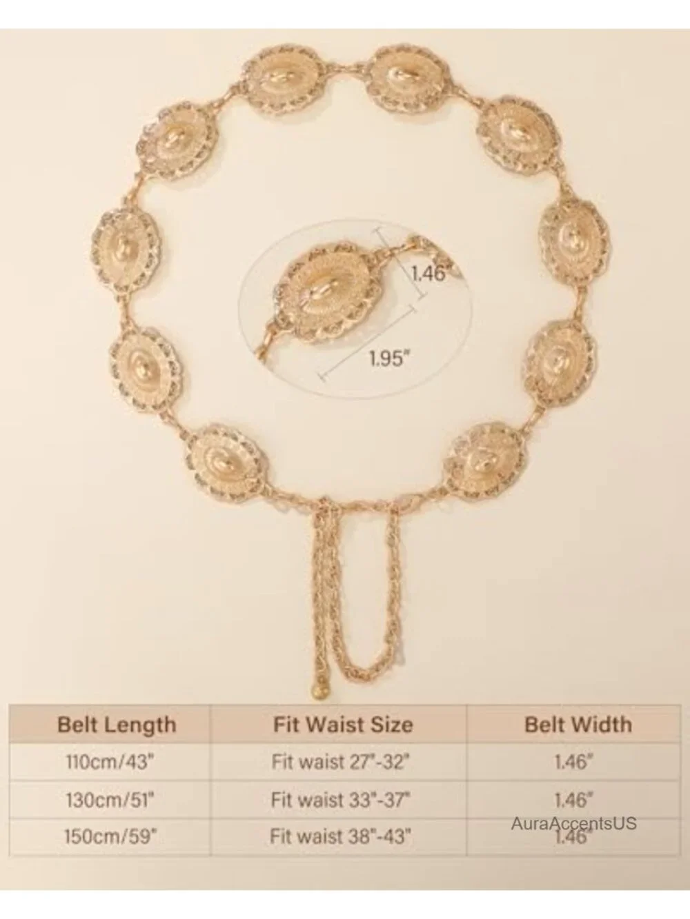 Western Concho Belt Chain Belt with Lobster Clasp for Dresses Jeans